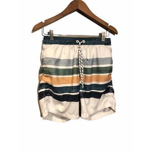 MaaMgic Mens 80s 90s Vintage 4‎ Way Stretch Swim Trunks Mesh Lining Stripes XS